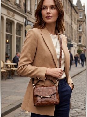 Strathberry Mosaic Nano Crossbody in Walnut Soft Croc-Embossed Leather